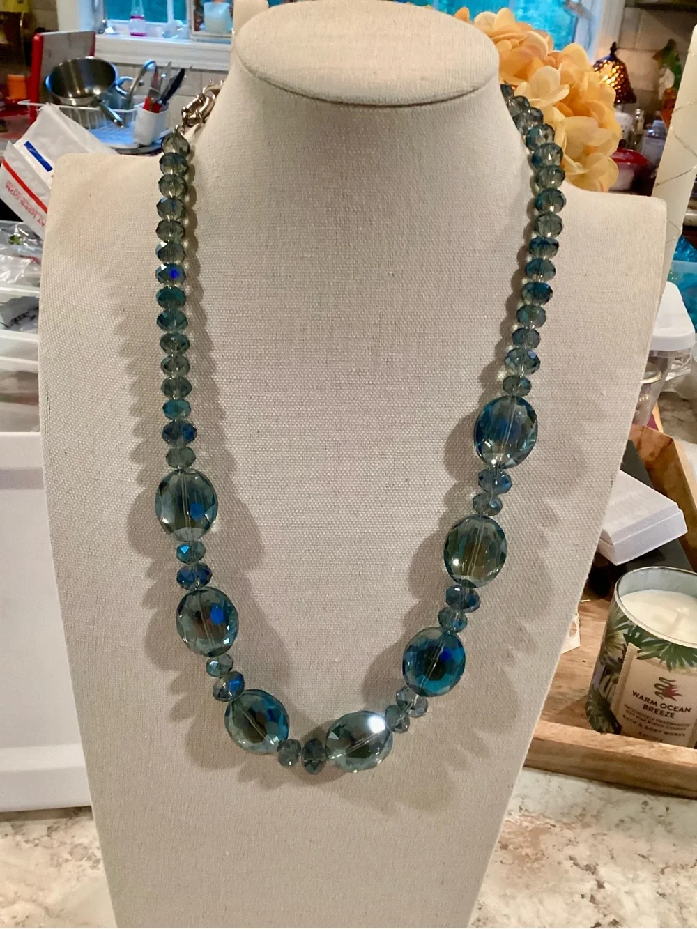 Faceted large Blue-Gray Swarovski Crystal Bead Necklace